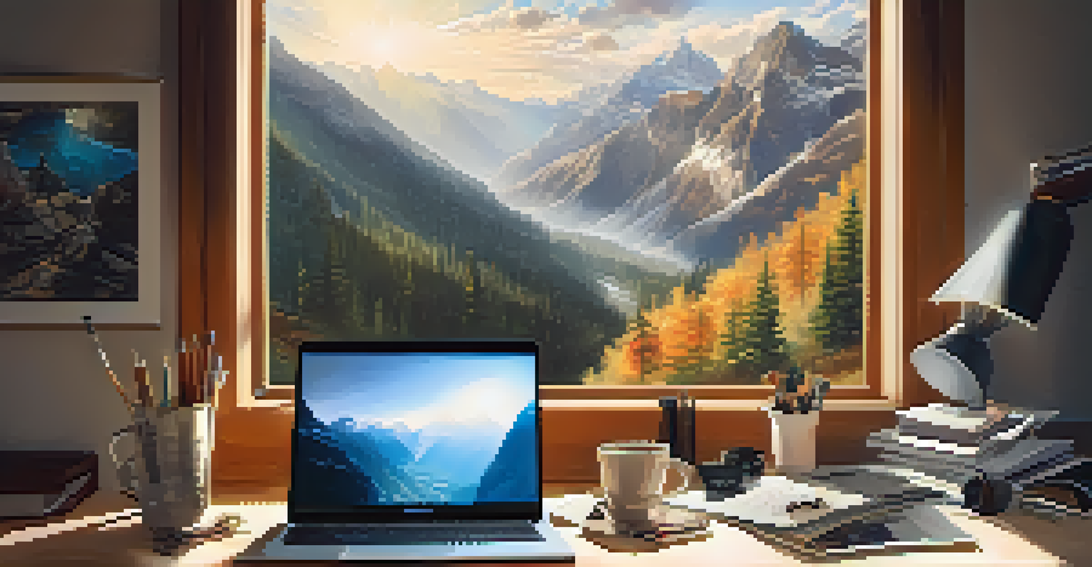 A cozy workspace with a laptop, coffee, and a vision board, illuminated by warm light, surrounded by motivational quotes and images.