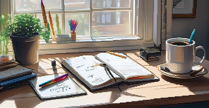 A wooden desk with an open bullet journal, colorful pens, and a steaming cup of coffee, illuminated by natural light from a window.