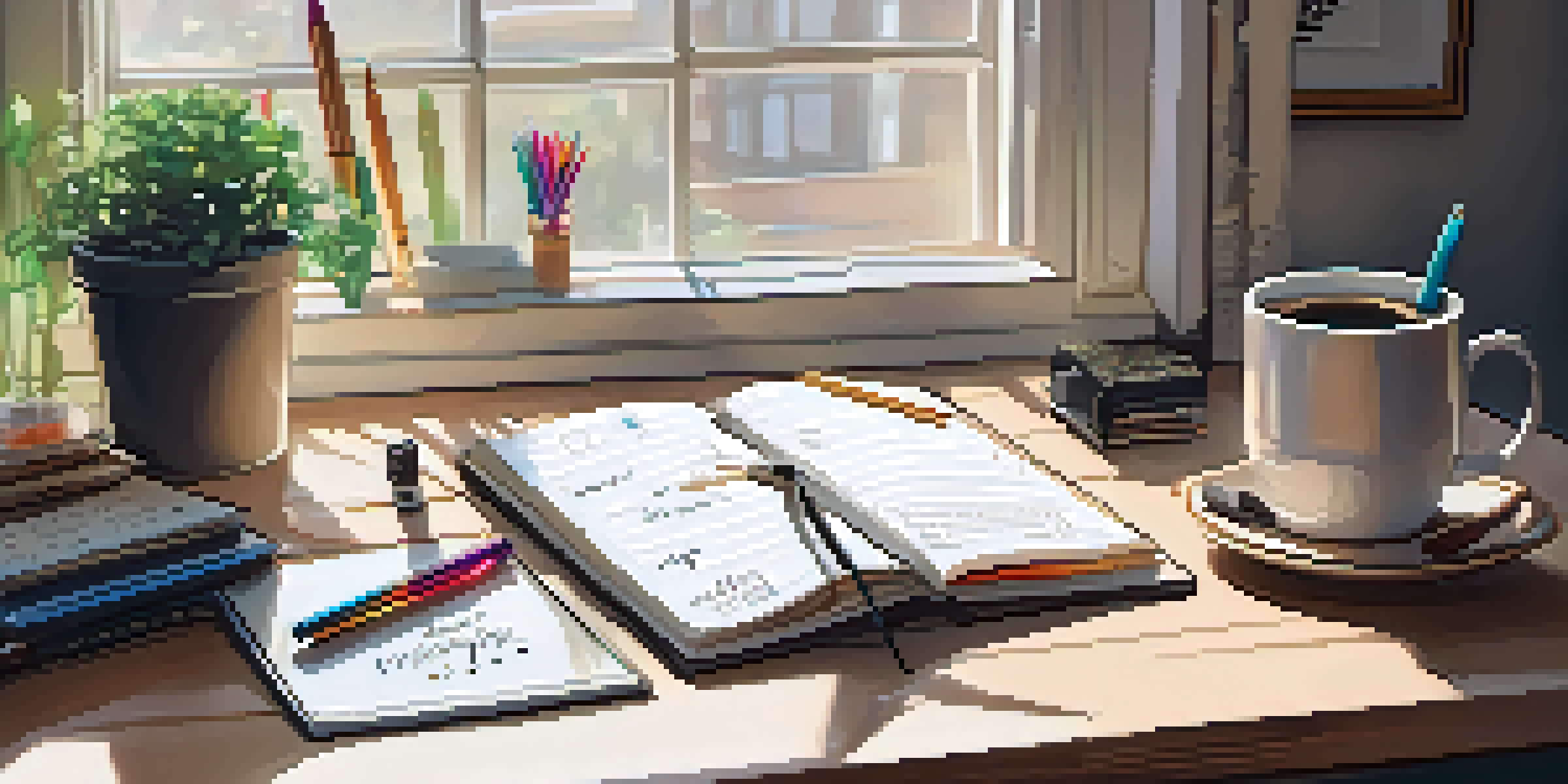 A wooden desk with an open bullet journal, colorful pens, and a steaming cup of coffee, illuminated by natural light from a window.