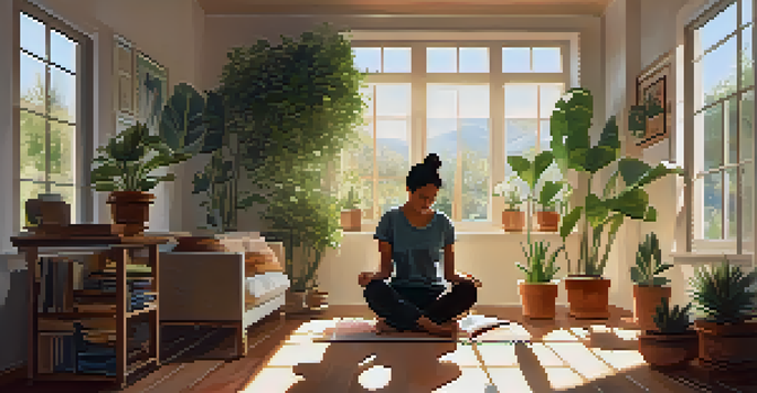 A person sitting cross-legged in a sunlit room, journaling with houseplants around and a cup of tea nearby.