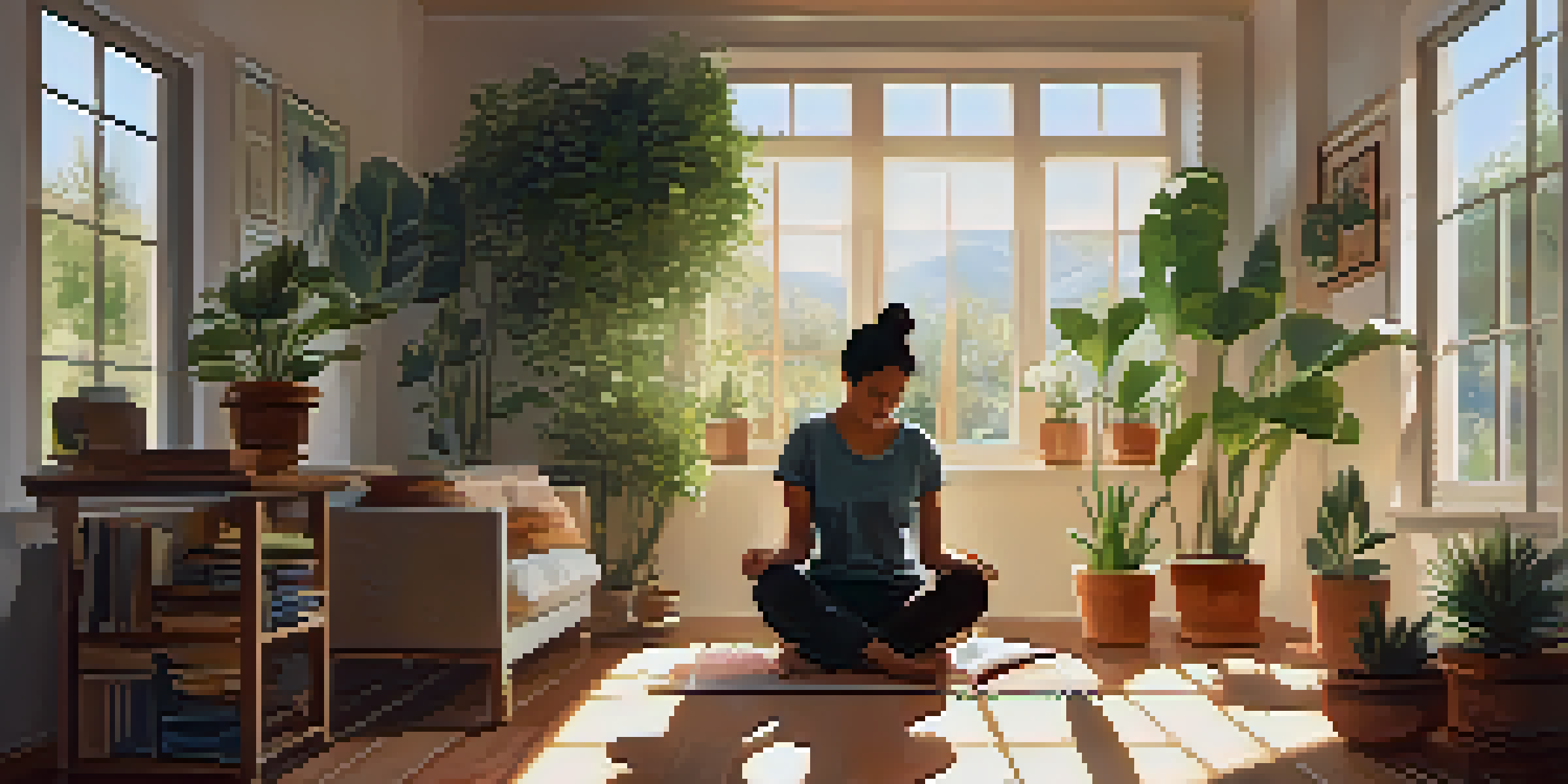 A person sitting cross-legged in a sunlit room, journaling with houseplants around and a cup of tea nearby.