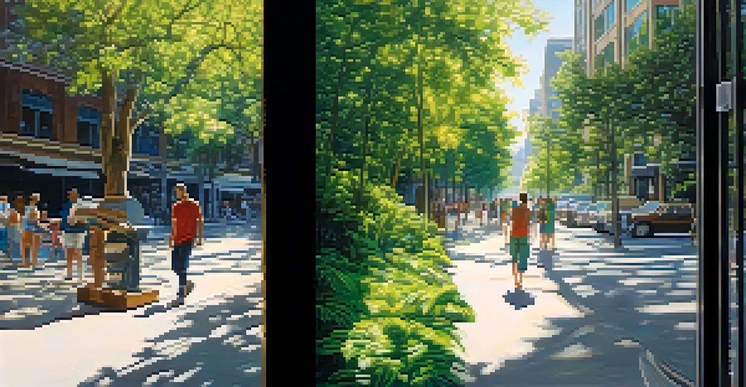 A split image of a person reflecting in nature on one side and in a busy urban setting on the other side.