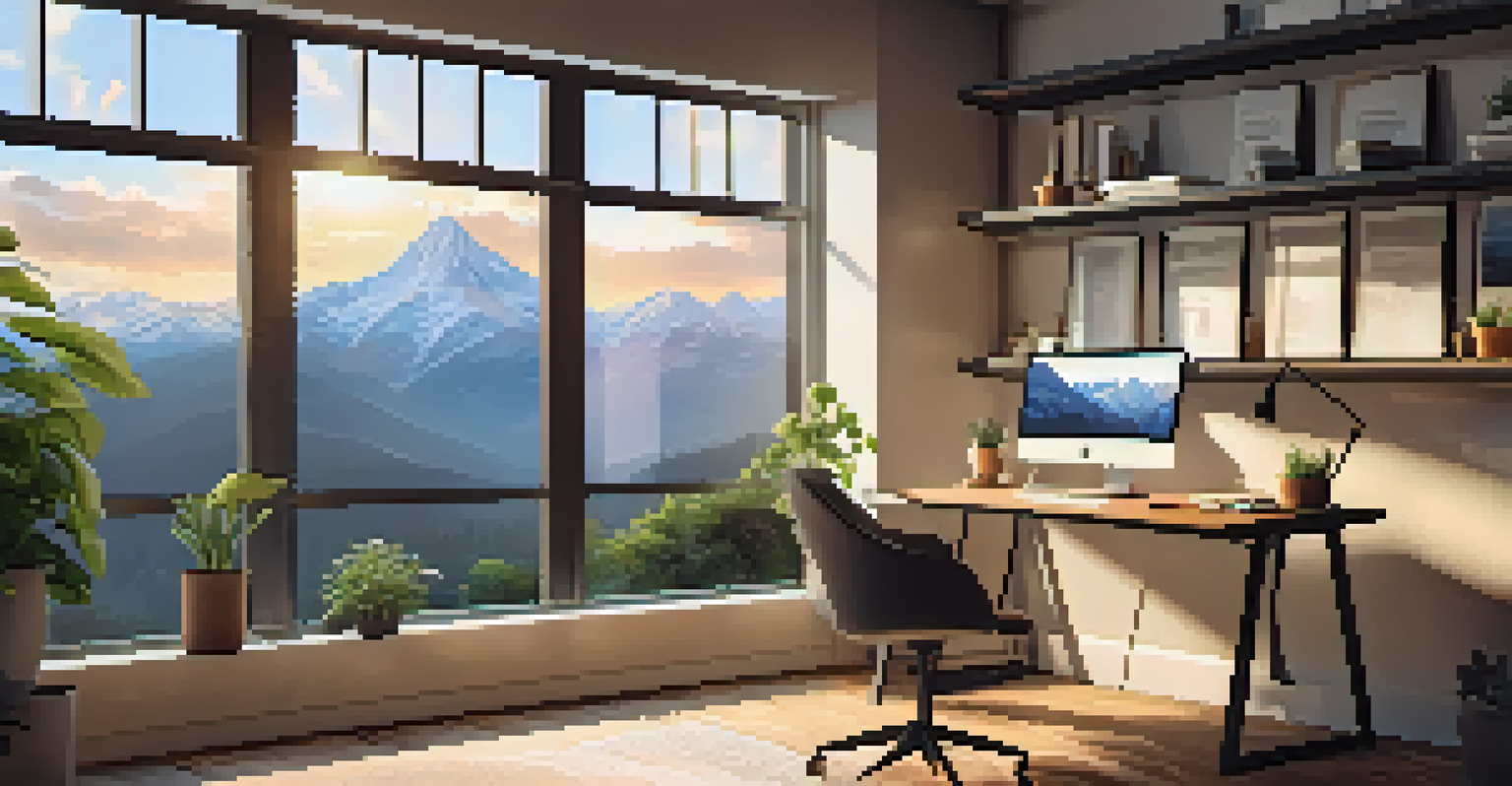 A cozy workspace with a desk, laptop, and mountain view through a window.