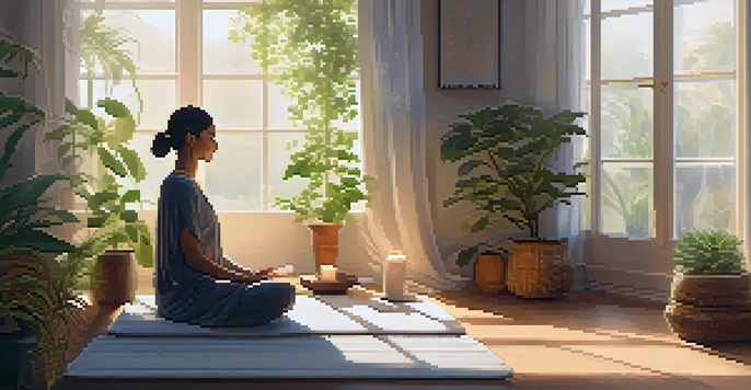 A person meditating in a sunlit room filled with plants and candles, with a peaceful atmosphere.