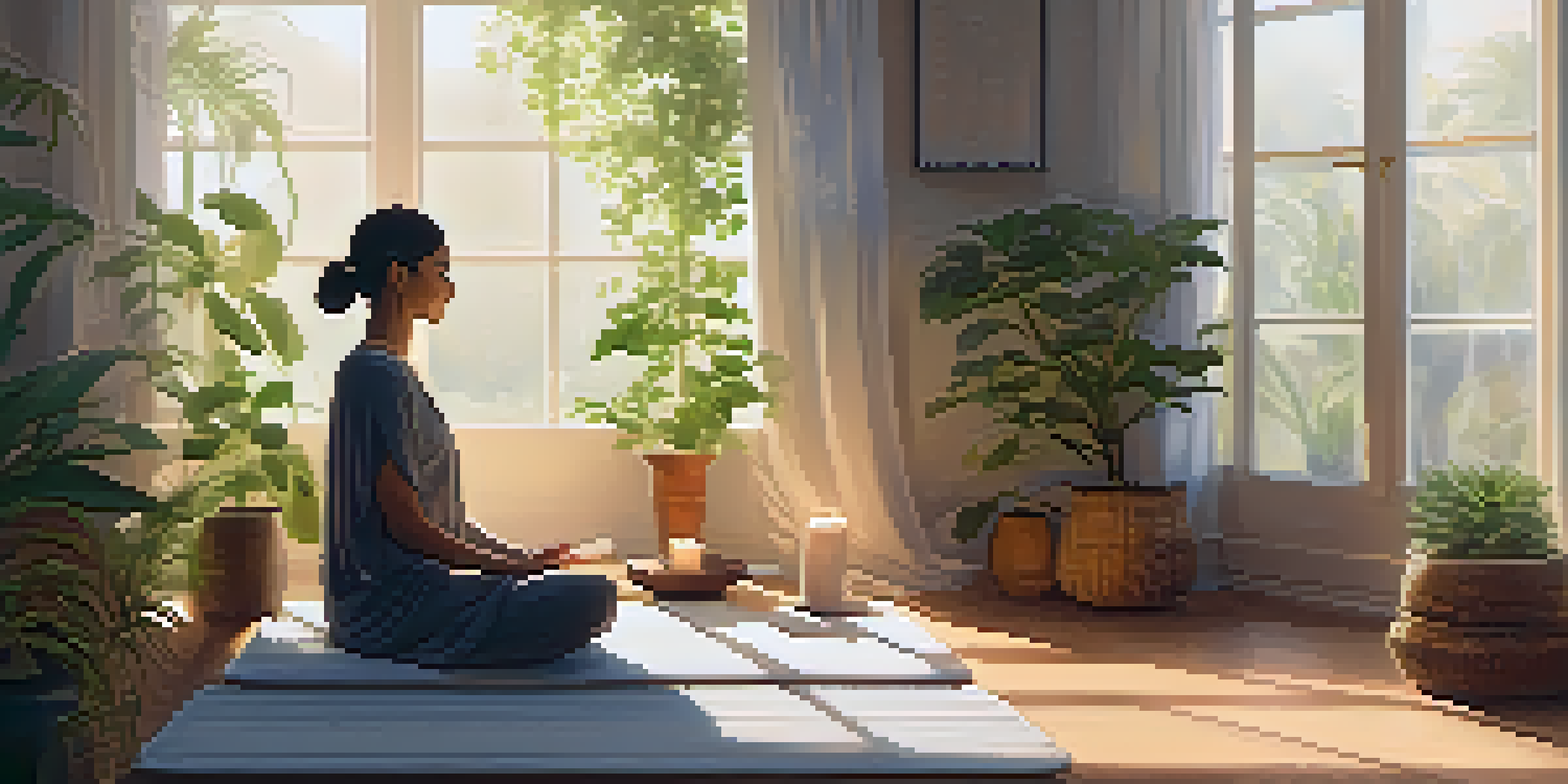 A person meditating in a sunlit room filled with plants and candles, with a peaceful atmosphere.