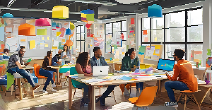 A diverse group of employees in a colorful workspace collaborating during a brainstorming session, surrounded by playful decor and natural light.