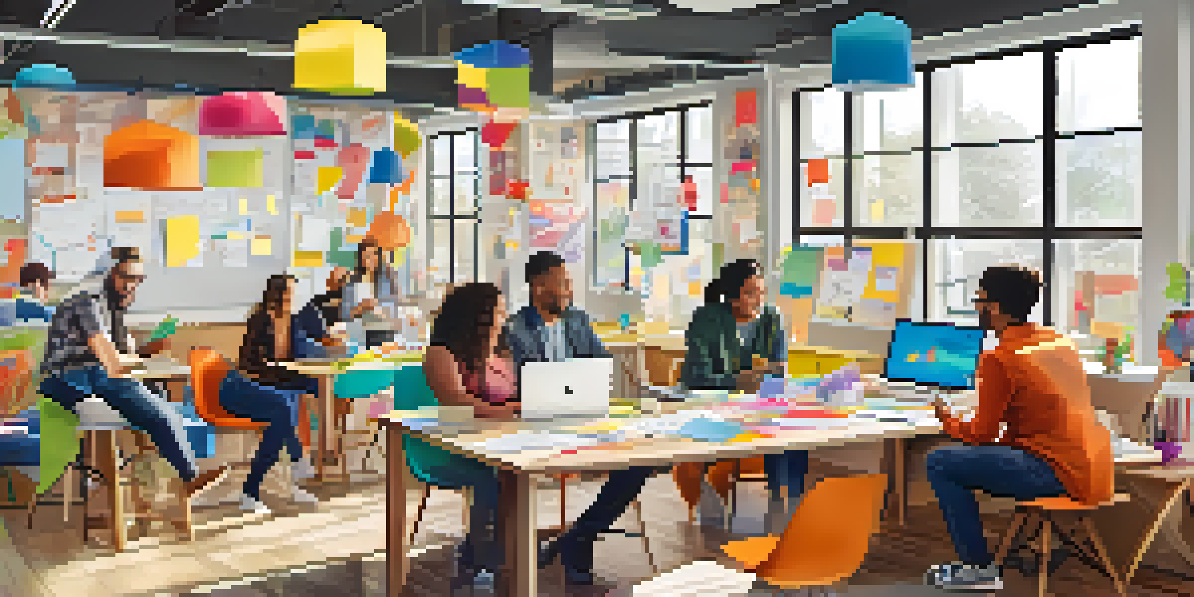 A diverse group of employees in a colorful workspace collaborating during a brainstorming session, surrounded by playful decor and natural light.