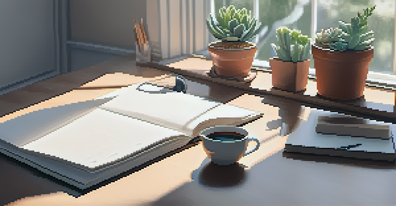 A tidy desk with a journal and a tea cup, illuminated by natural light, promoting mindfulness.