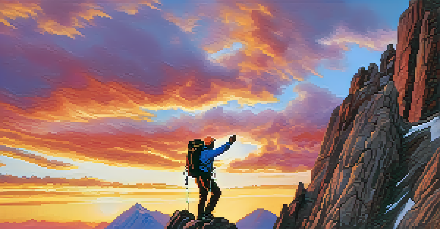 A mountain climber celebrating at the summit during sunrise, representing the achievement of personal goals.