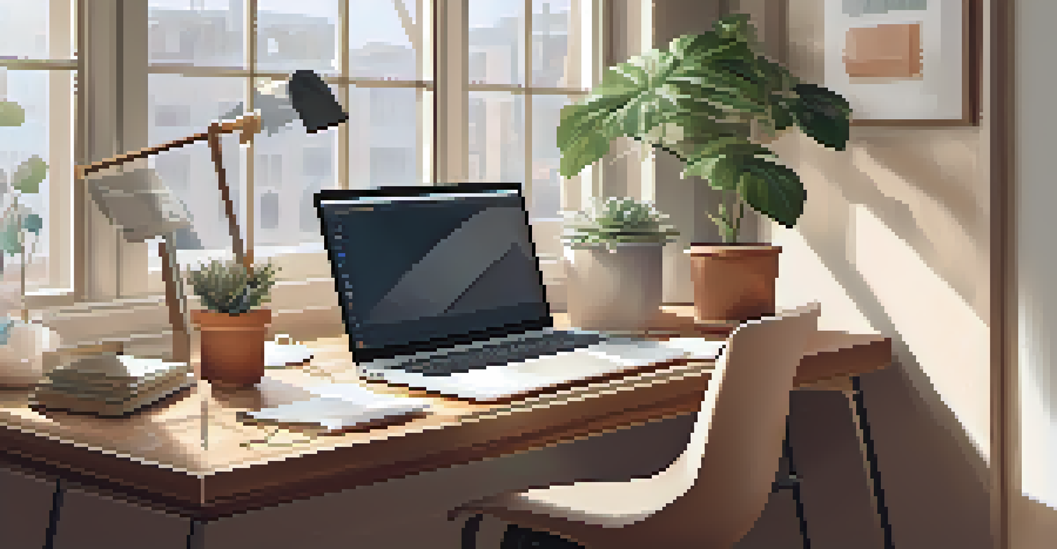 A well-organized workspace with a laptop, plant, and coffee cup, illuminated by natural light.