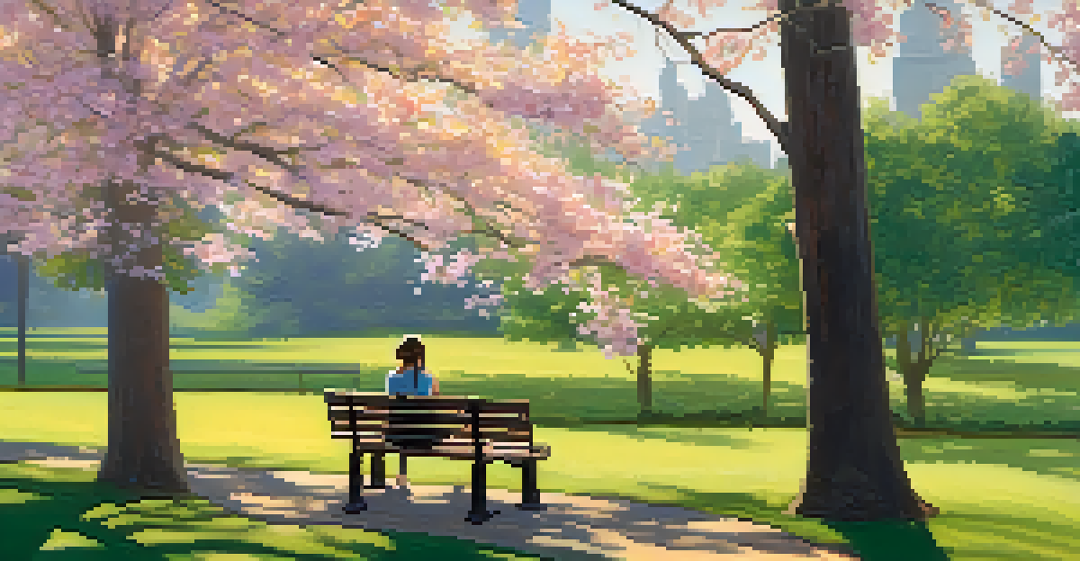 A person sitting on a park bench, journaling in a serene outdoor setting with blooming flowers and green trees around them.