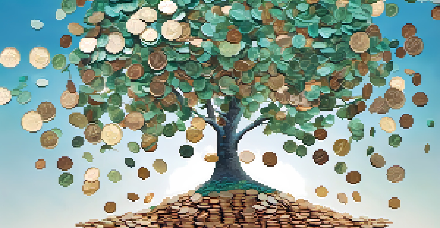 A tree made of coins with colorful bills as leaves against a soft blue and green background.
