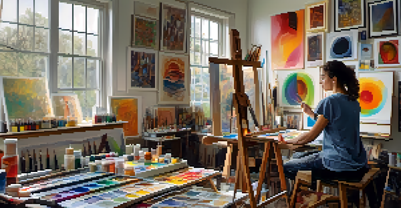 An artist in a sunlit studio working on a colorful painting, surrounded by art supplies, illustrating creativity and growth.