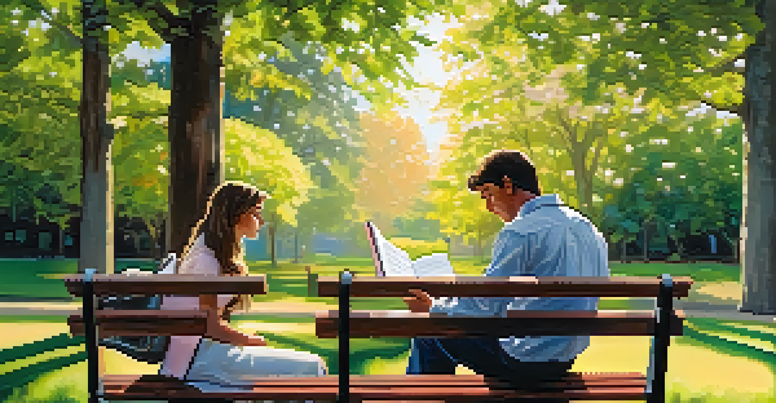 Two friends sitting on a bench in a park, engaging in active listening with sunlight filtering through the trees.
