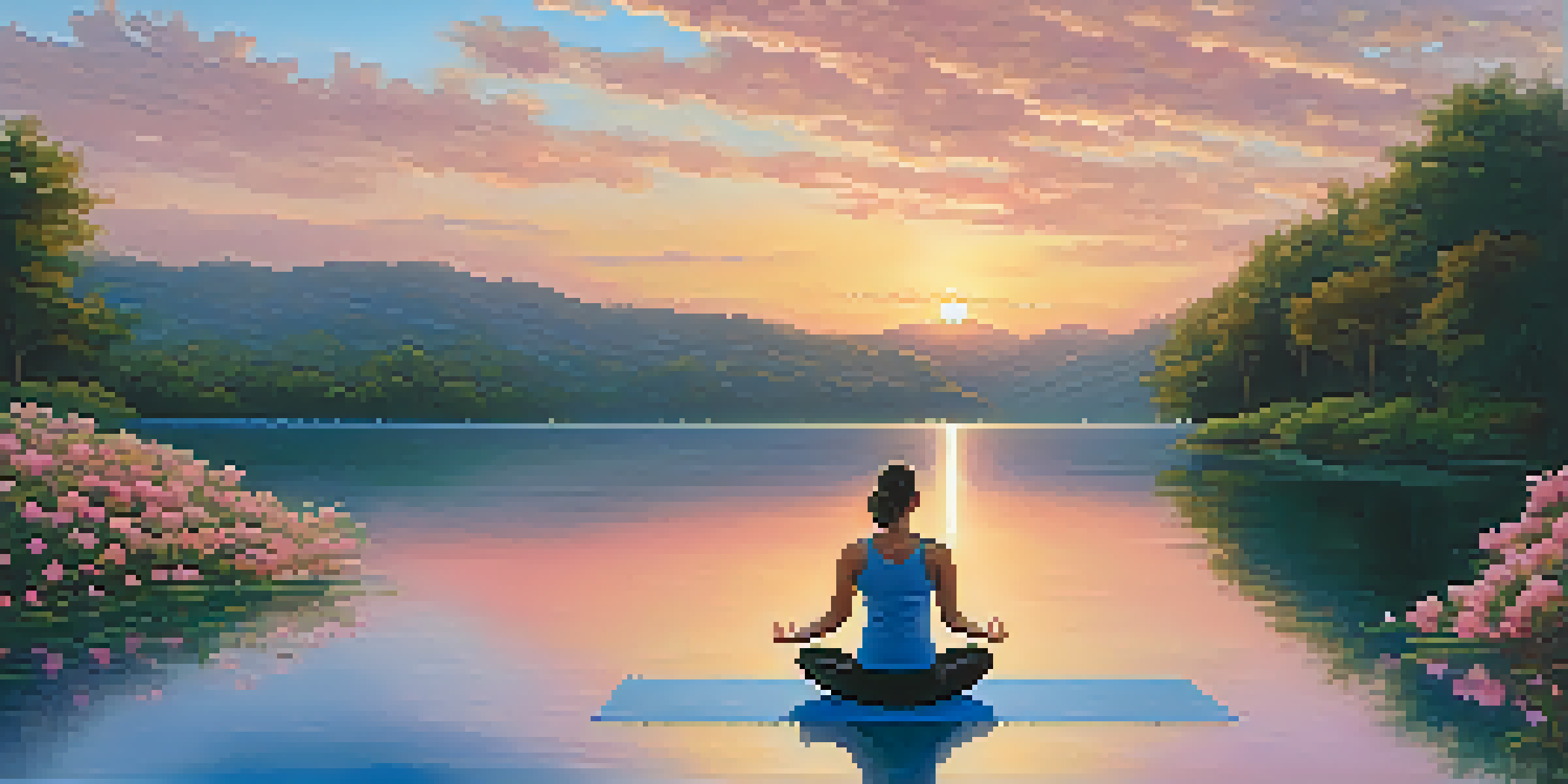 A person practicing yoga at sunrise by a tranquil lake, surrounded by greenery and flowers.