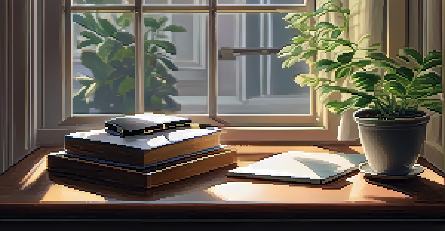 A cozy workspace with a wooden desk, a steaming cup of coffee, an open notebook, and a small potted plant, illuminated by soft morning light.
