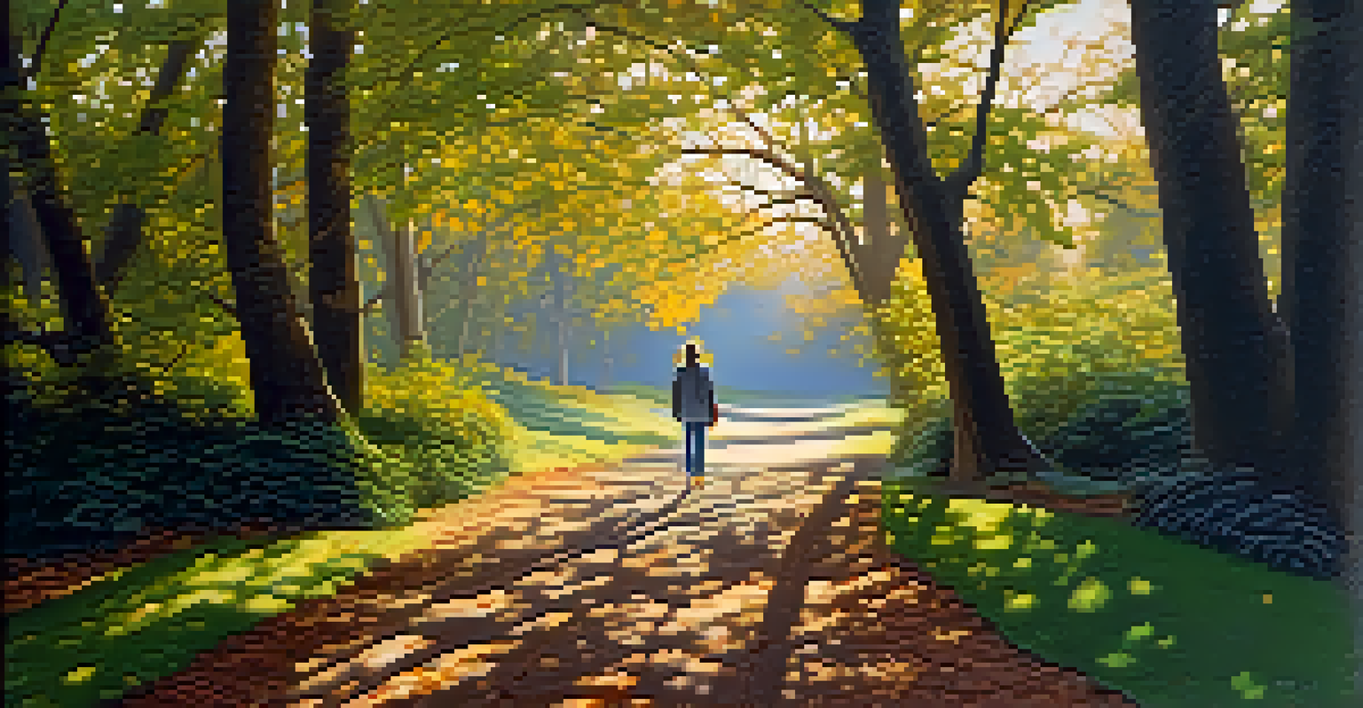 A person walking slowly on a tree-lined path, engaged in mindful walking, with sunlight filtering through the leaves.