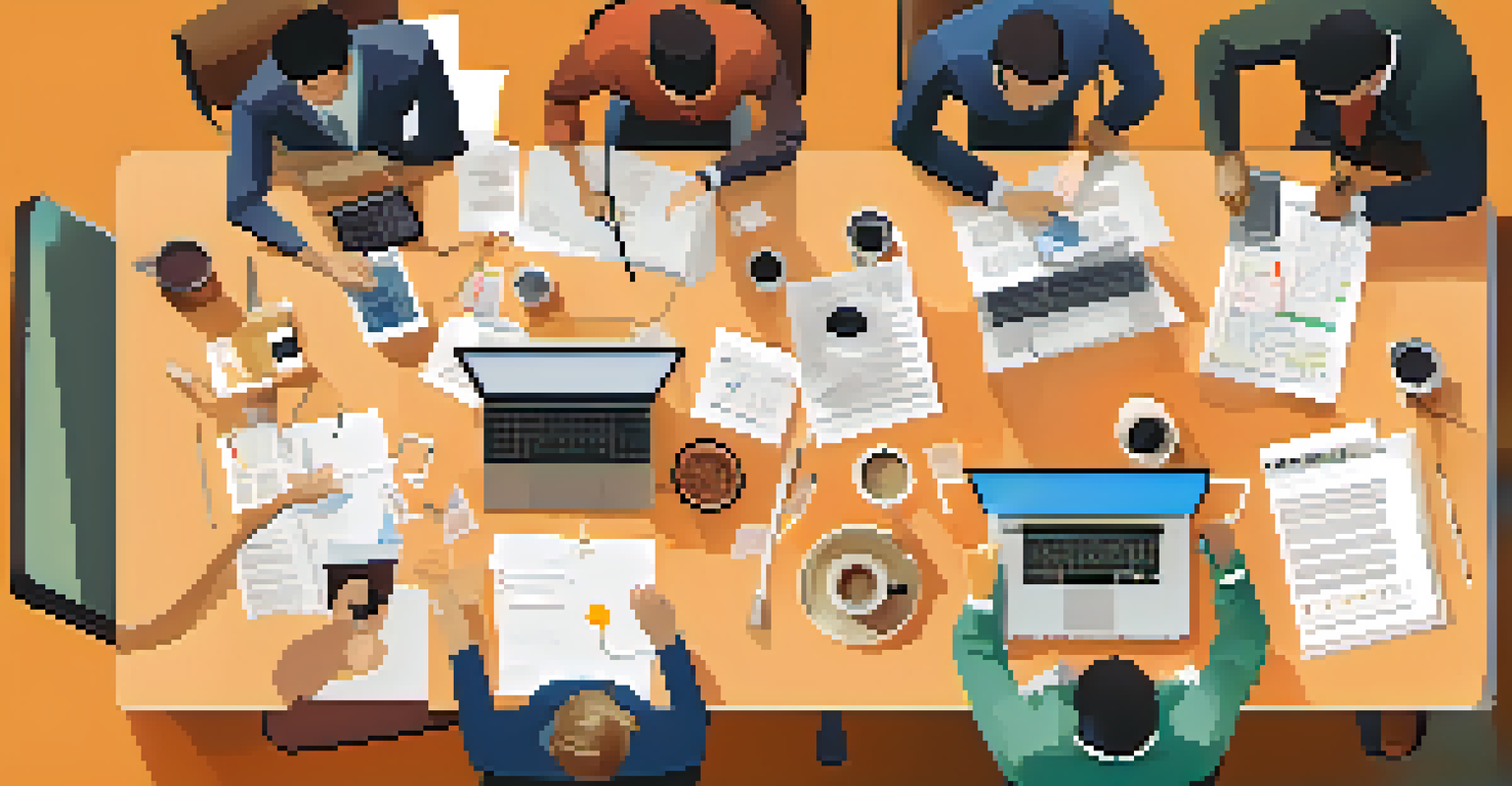 An overhead view of a team working together on a printed mind map, with laptops and notebooks on a table in a bright atmosphere.