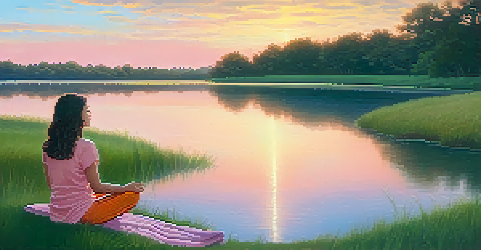 A person practicing mindfulness by a lake at sunset, surrounded by nature's tranquility.