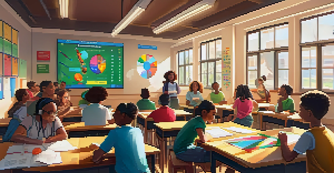 A lively classroom with students participating in a gamified learning activity, colorful decorations, and a digital leaderboard.