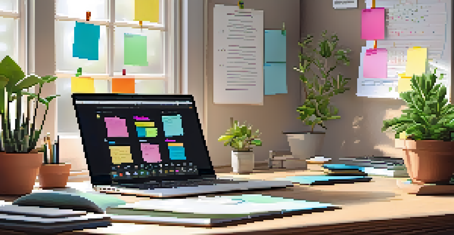 A tidy workspace with a wooden desk, notepad, sticky notes, and a laptop, illuminated by natural light.