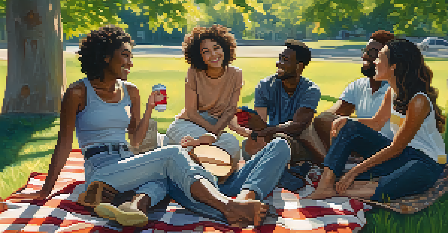 A diverse group of friends sitting in a park, laughing and talking together on picnic blankets in a sunlit setting.