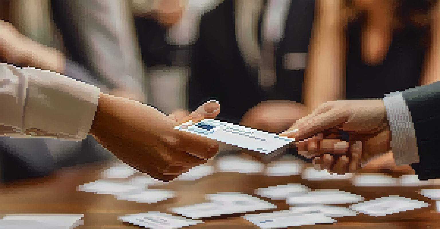 Close-up of hands exchanging business cards, emphasizing personal connections at a networking event with a blurred background.