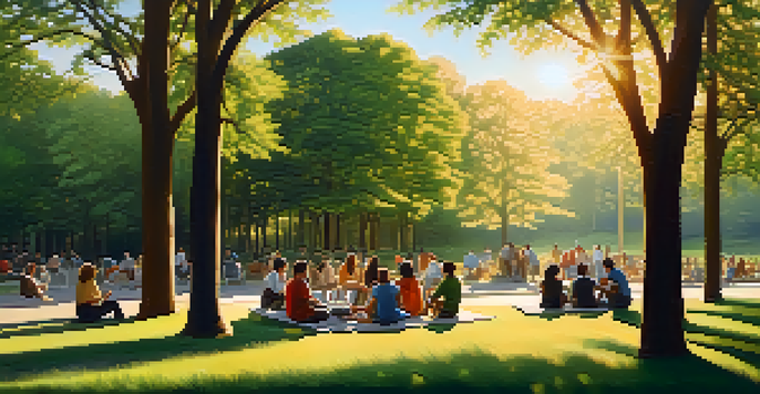 A diverse group of people talking in a green park during sunset, demonstrating trust and active listening.