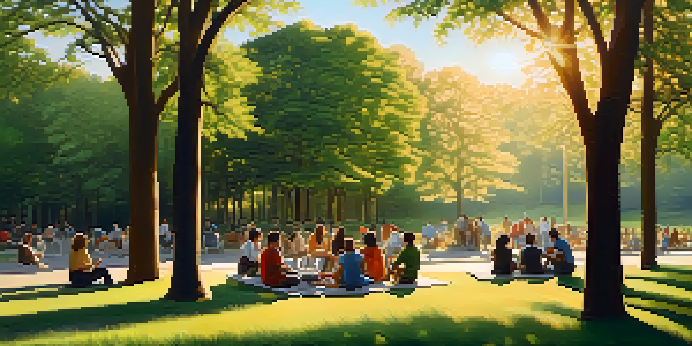 A diverse group of people talking in a green park during sunset, demonstrating trust and active listening.