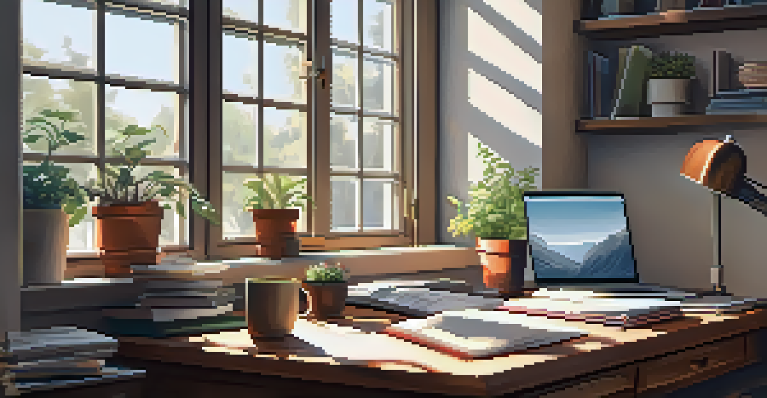 A cozy home office with a wooden desk, a laptop, and a cup of coffee, bathed in warm sunlight.