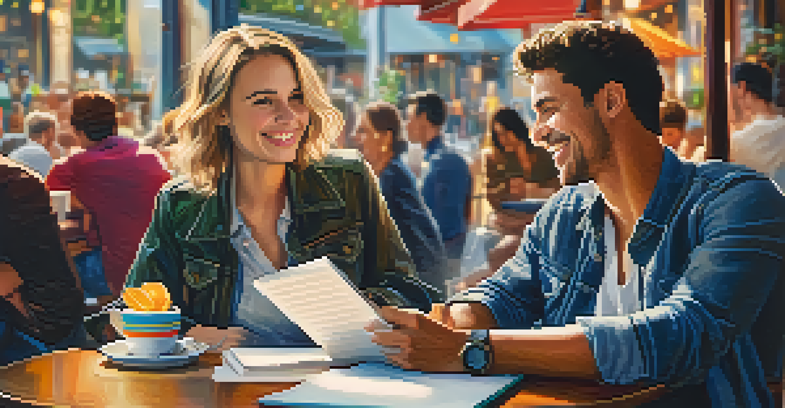 Two friends at a cafe discussing goals over a notebook, with coffee cups on the table and a lively atmosphere in the background.