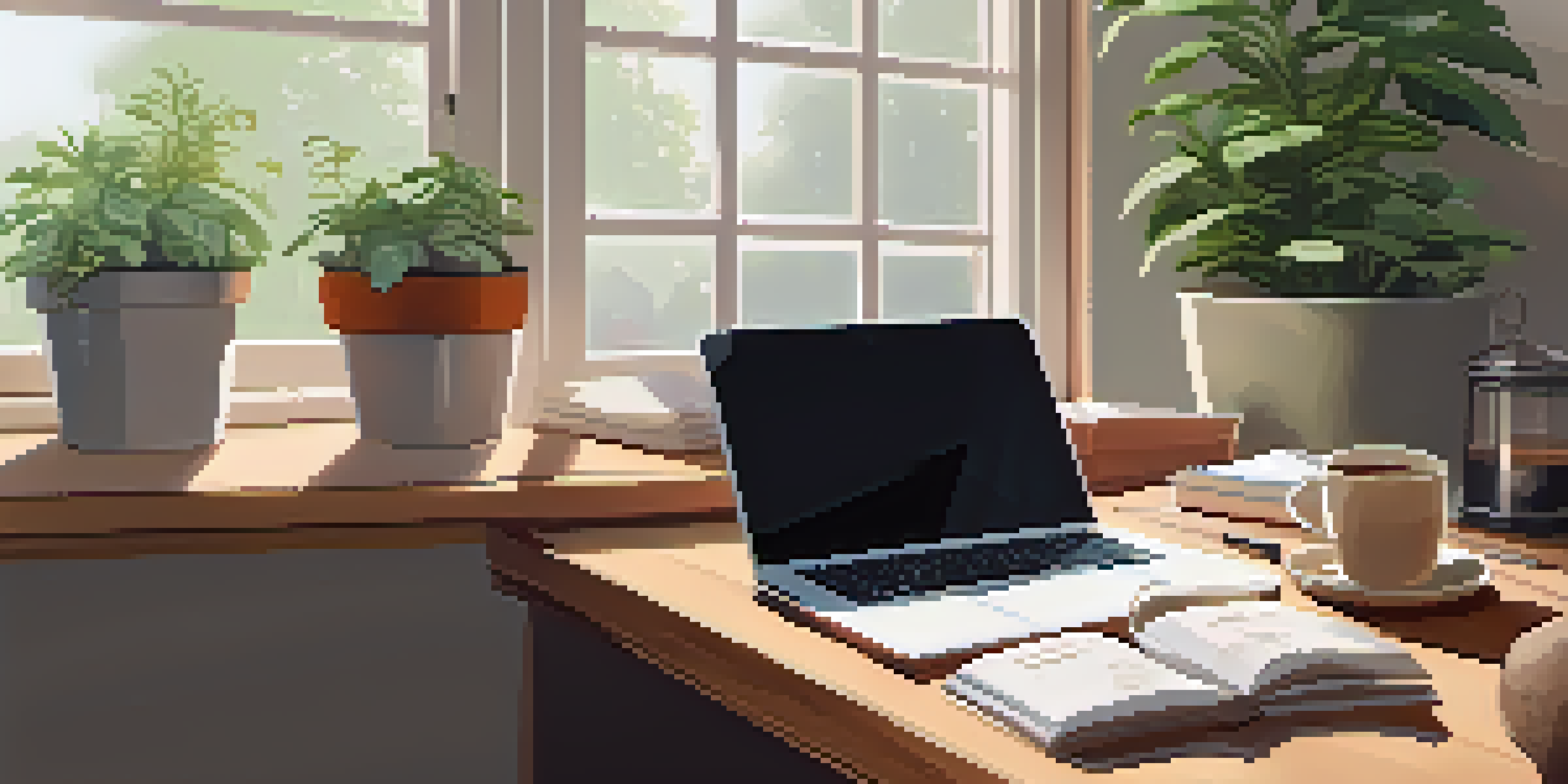 A neat workspace with a wooden desk, laptop, potted plant, and coffee cup, illuminated by natural light from a window.
