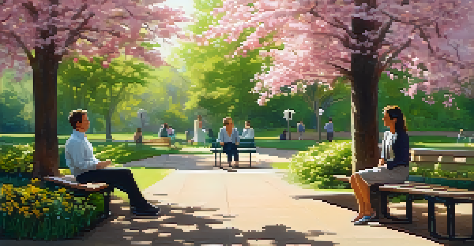 Two friends in a park, one speaking assertively with open body language while the other listens.