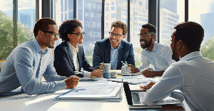 A diverse group of professionals collaborating around a conference table with documents and laptops in a bright, open office.