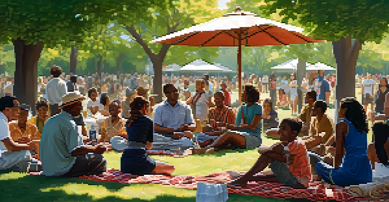 A cultural exchange event in a park with diverse individuals sharing stories on picnic blankets.