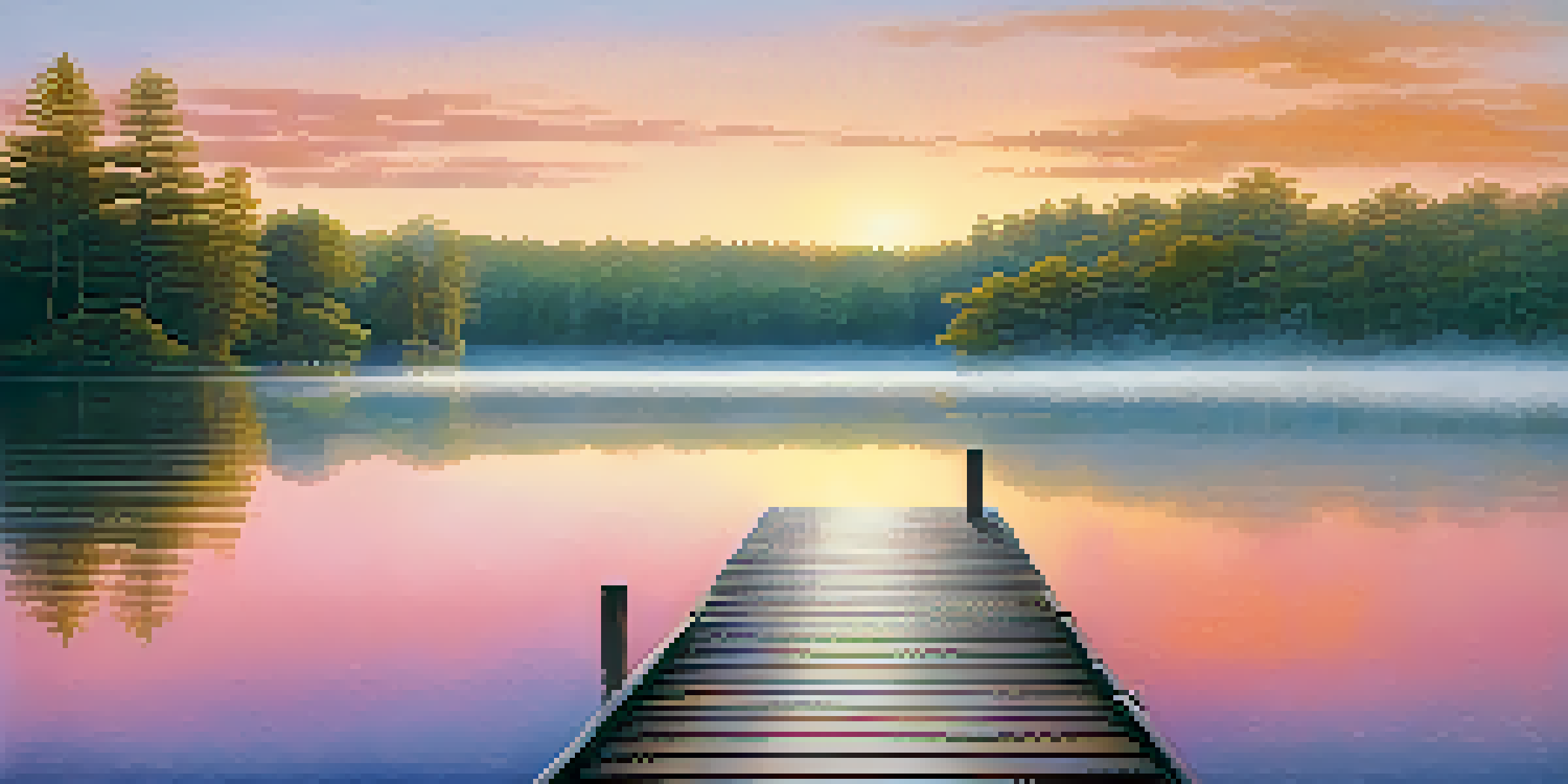 A calm lake at sunrise with mist rising from the water, featuring a wooden dock and lush trees, creating a peaceful atmosphere.