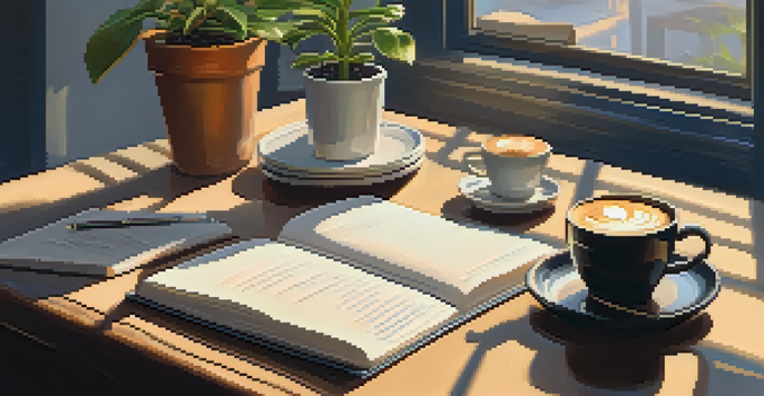 A peaceful morning workspace with coffee, a journal for goals, and a plant in soft sunlight.