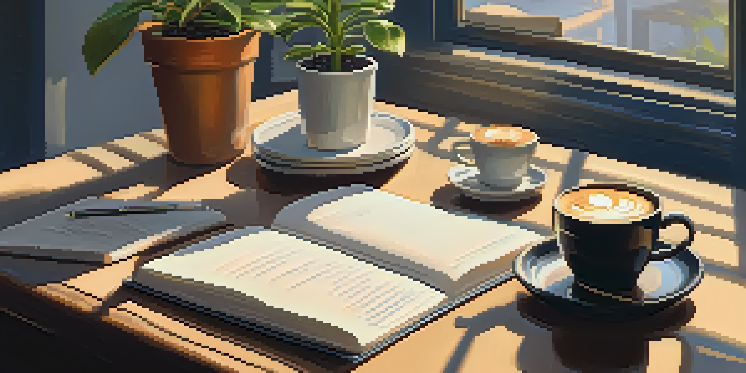 A peaceful morning workspace with coffee, a journal for goals, and a plant in soft sunlight.