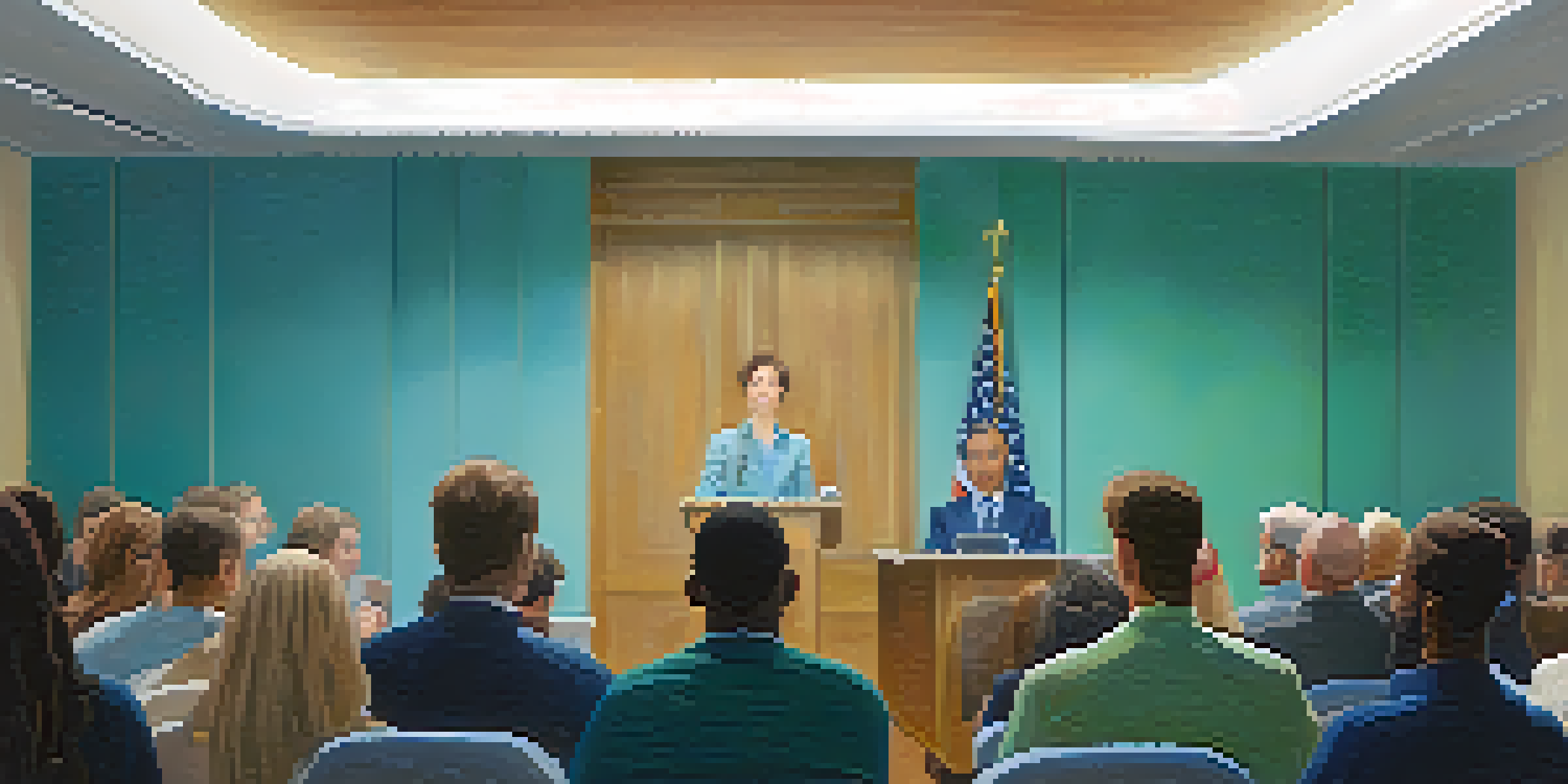 A person speaking at a podium with an attentive audience in a conference room.