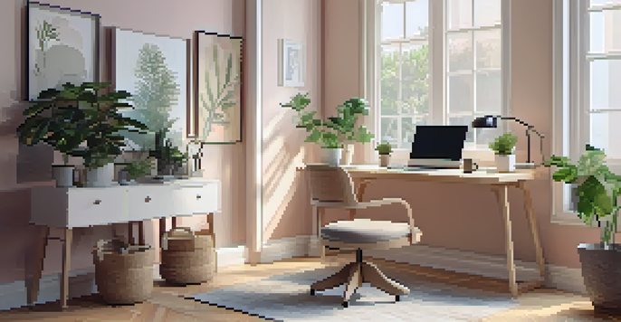 A peaceful home office with a desk, laptop, coffee cup, and a potted plant bathed in natural light.