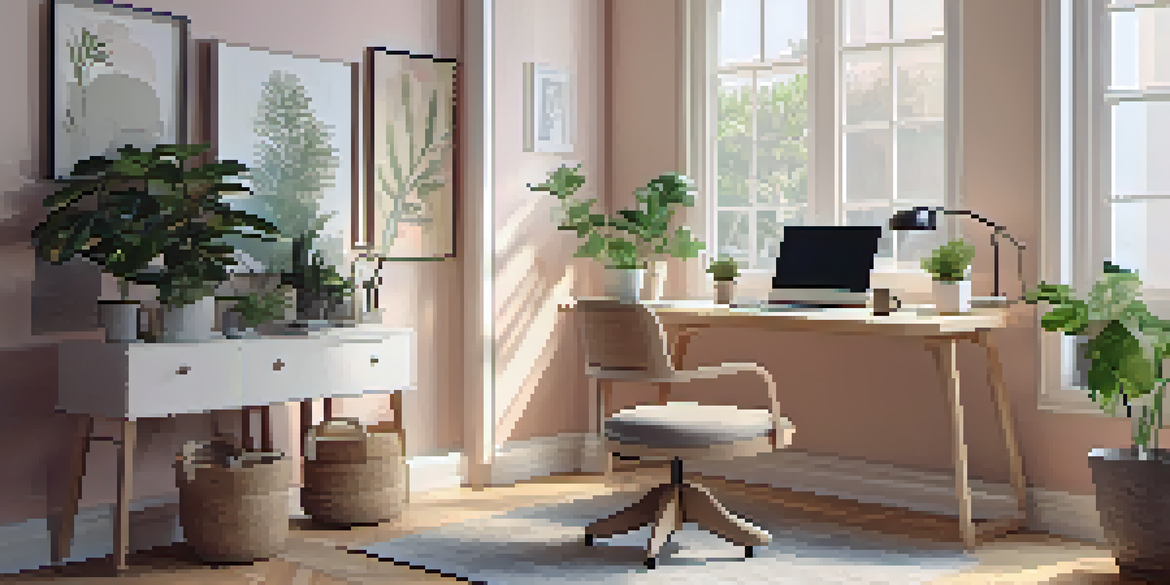 A peaceful home office with a desk, laptop, coffee cup, and a potted plant bathed in natural light.