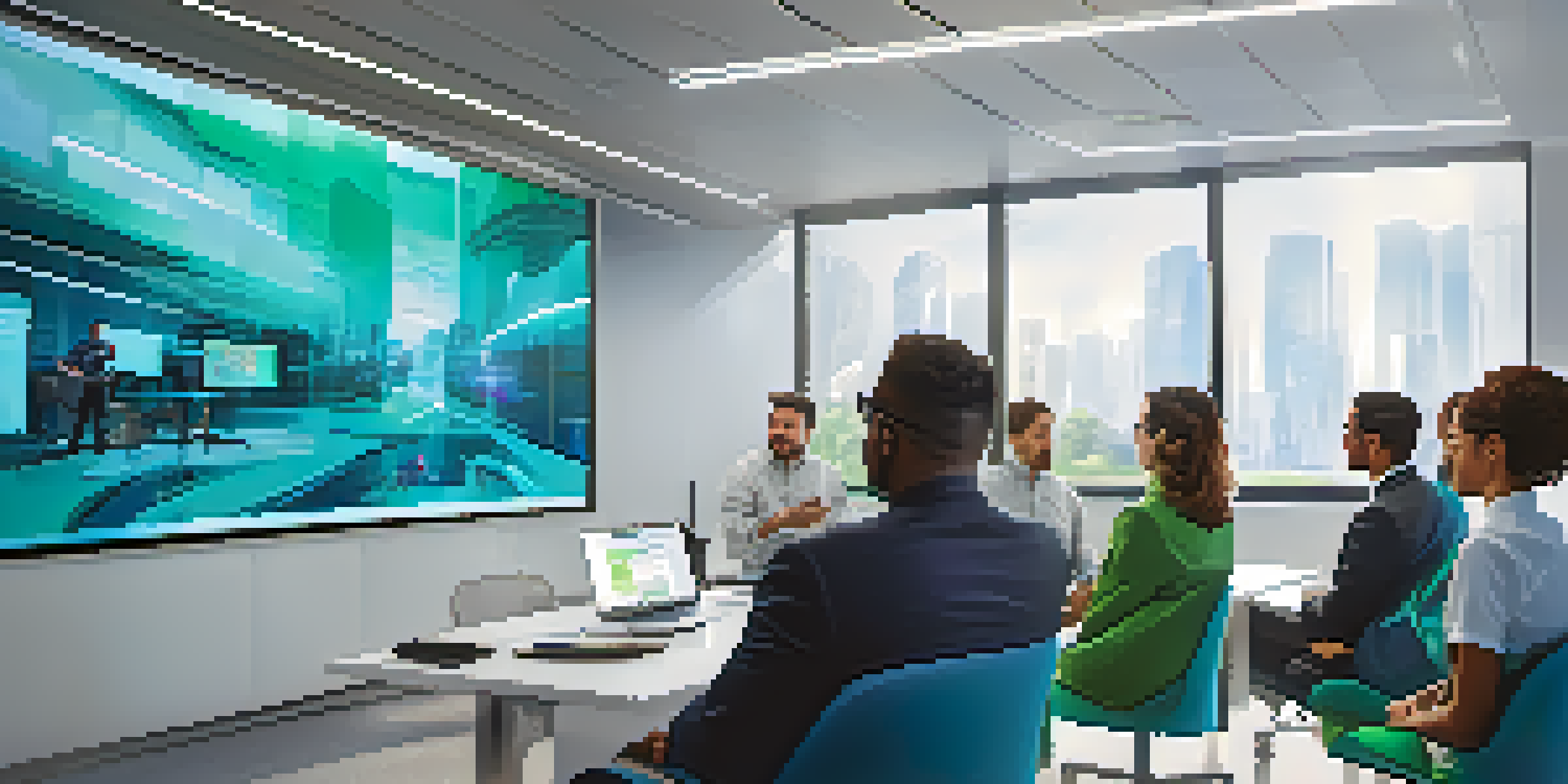A confident leader presents a futuristic project to a diverse team in a bright modern office, with team members engaged and taking notes.