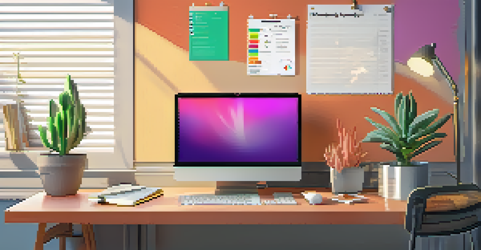 A workspace with a monitor showing a task management app and a clean desk with a plant.