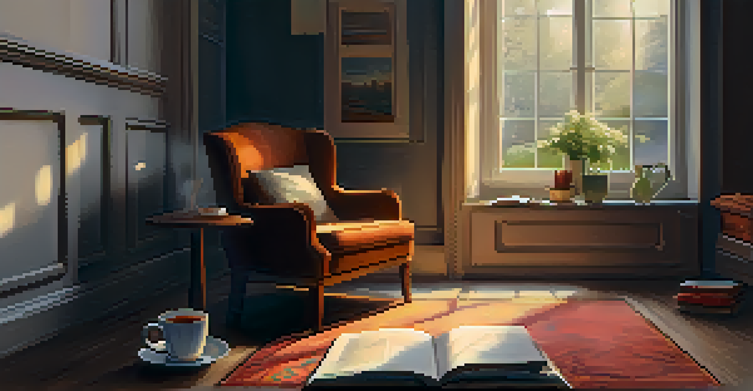 A cozy indoor scene with an armchair, a cup of tea, and an open journal on the floor, creating a warm atmosphere for reflection.