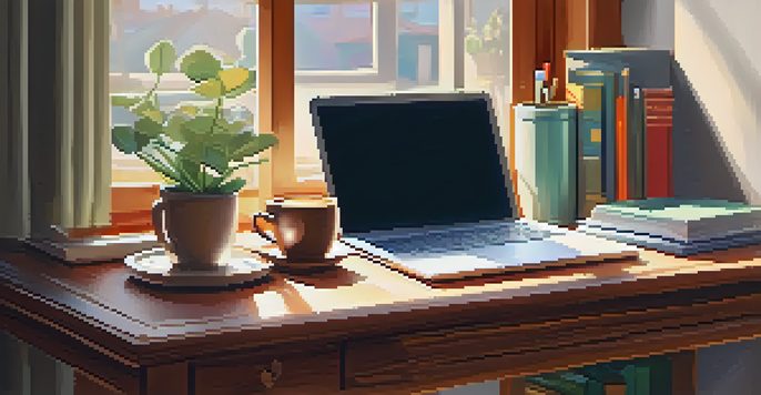 A cozy workspace with a desk, planner, coffee cup, and a plant, illuminated by soft morning light.