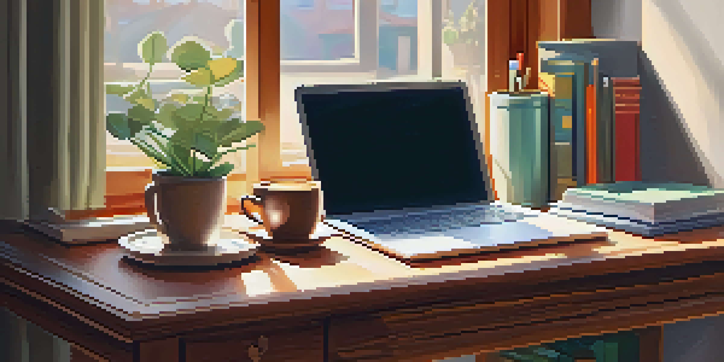 A cozy workspace with a desk, planner, coffee cup, and a plant, illuminated by soft morning light.