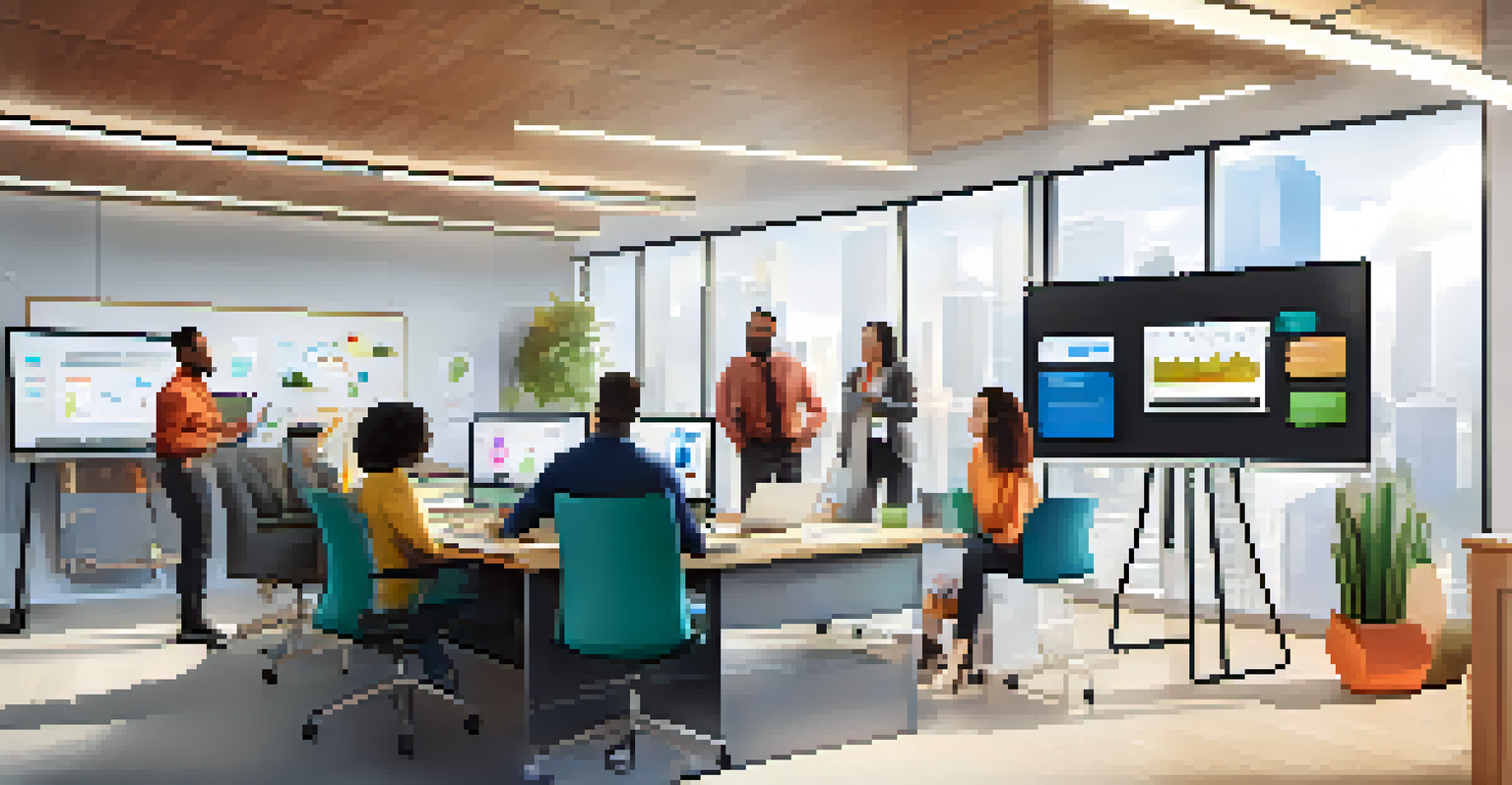 A modern office with diverse employees working together, using technology to adapt and innovate.