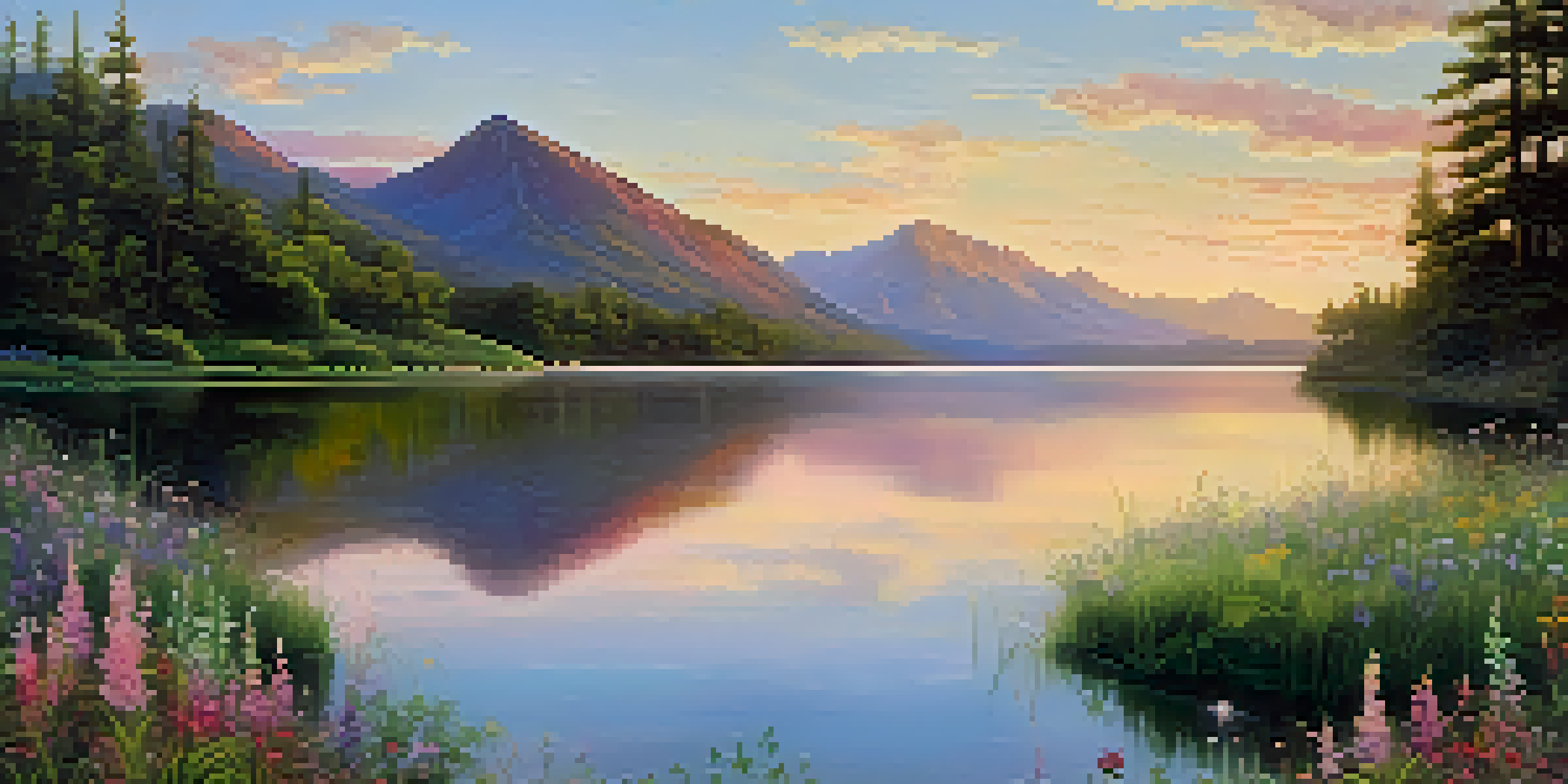 A beautiful sunrise over mountains with a calm lake reflecting the colors, surrounded by greenery and wildflowers.