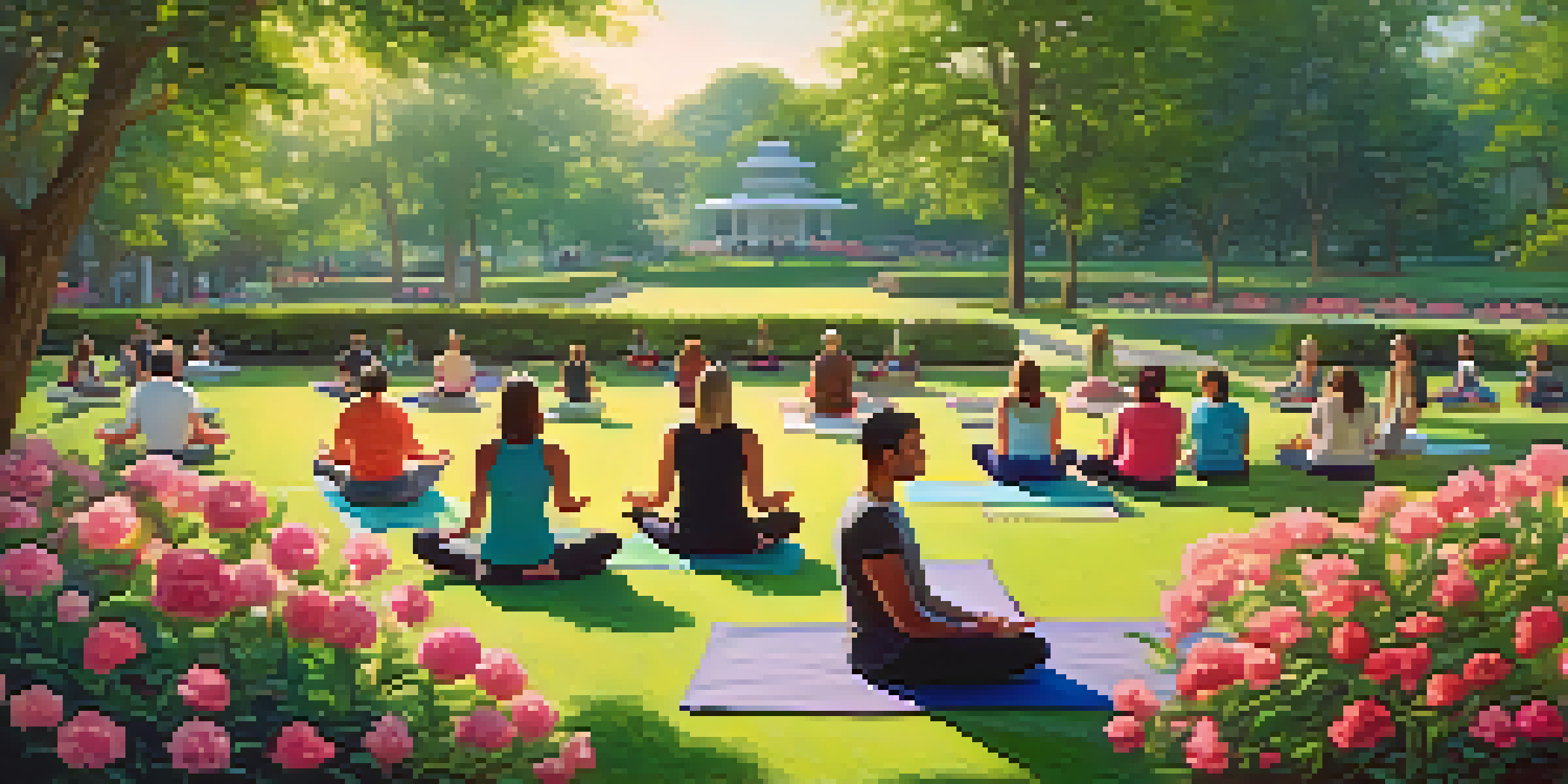 A peaceful park scene with people practicing mindfulness on yoga mats surrounded by greenery and flowers.