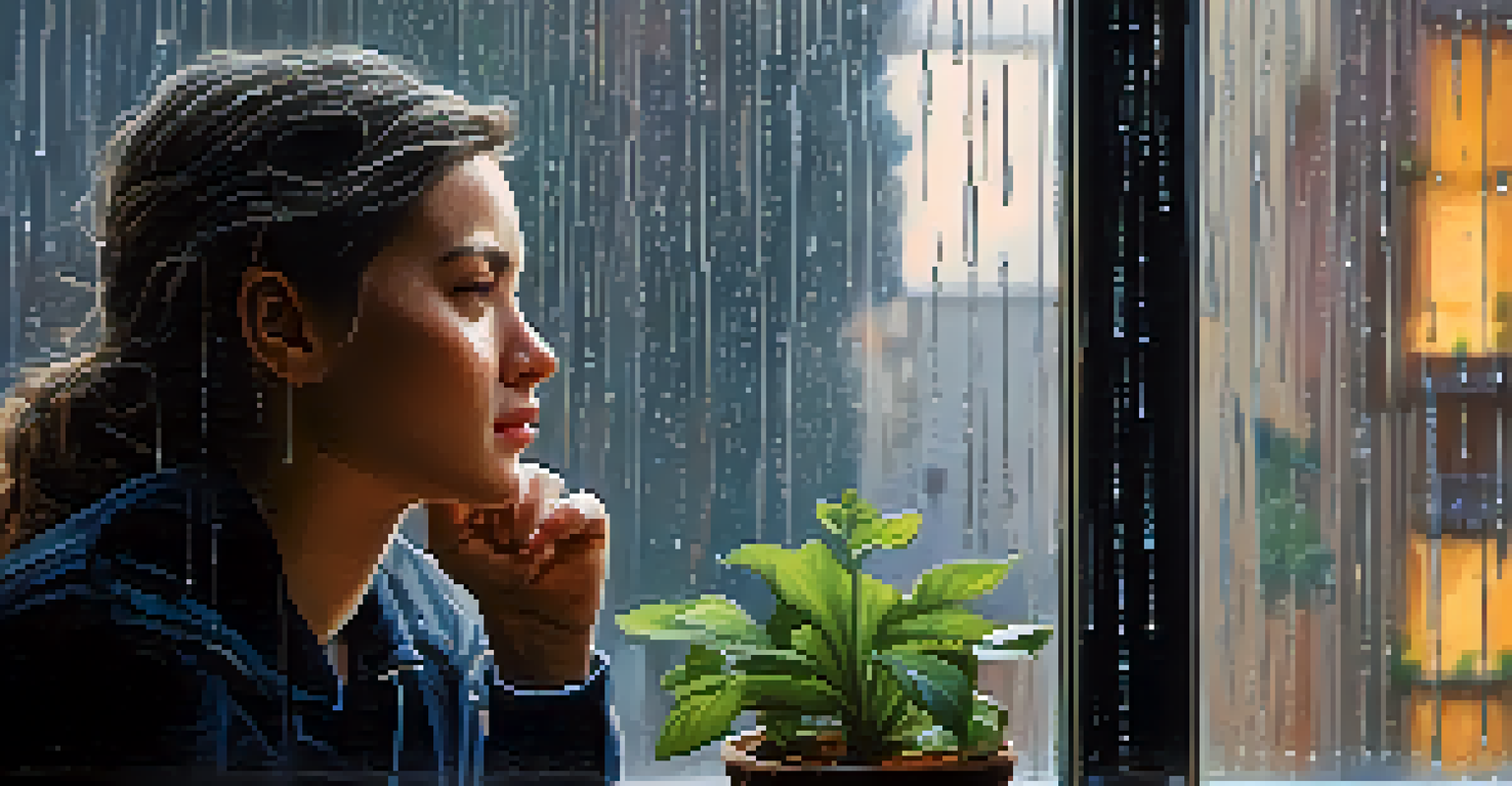 A person gazing out a rain-soaked window, reflecting on their thoughts in a cozy room.